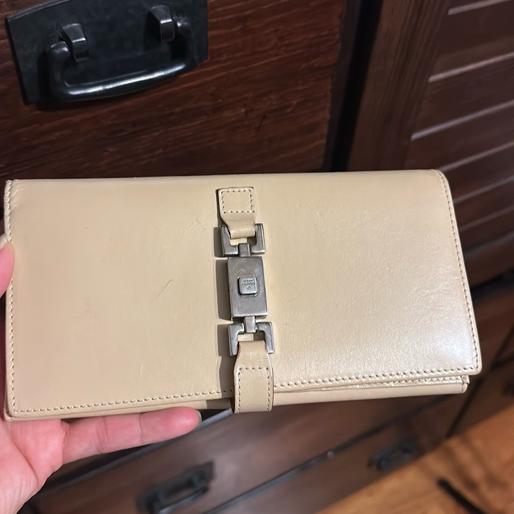 Beige Leather Wallet with Silver Accent